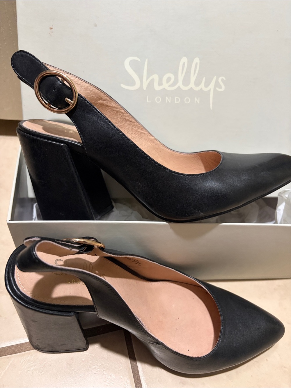 Shellys London Black Leather Slingback Block Heels with Gold Buckle